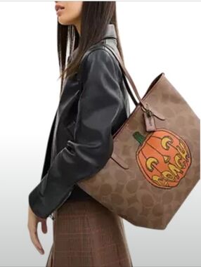 Coach-City Tote Bag Signature Canvas  Pumpkin Print 🎃